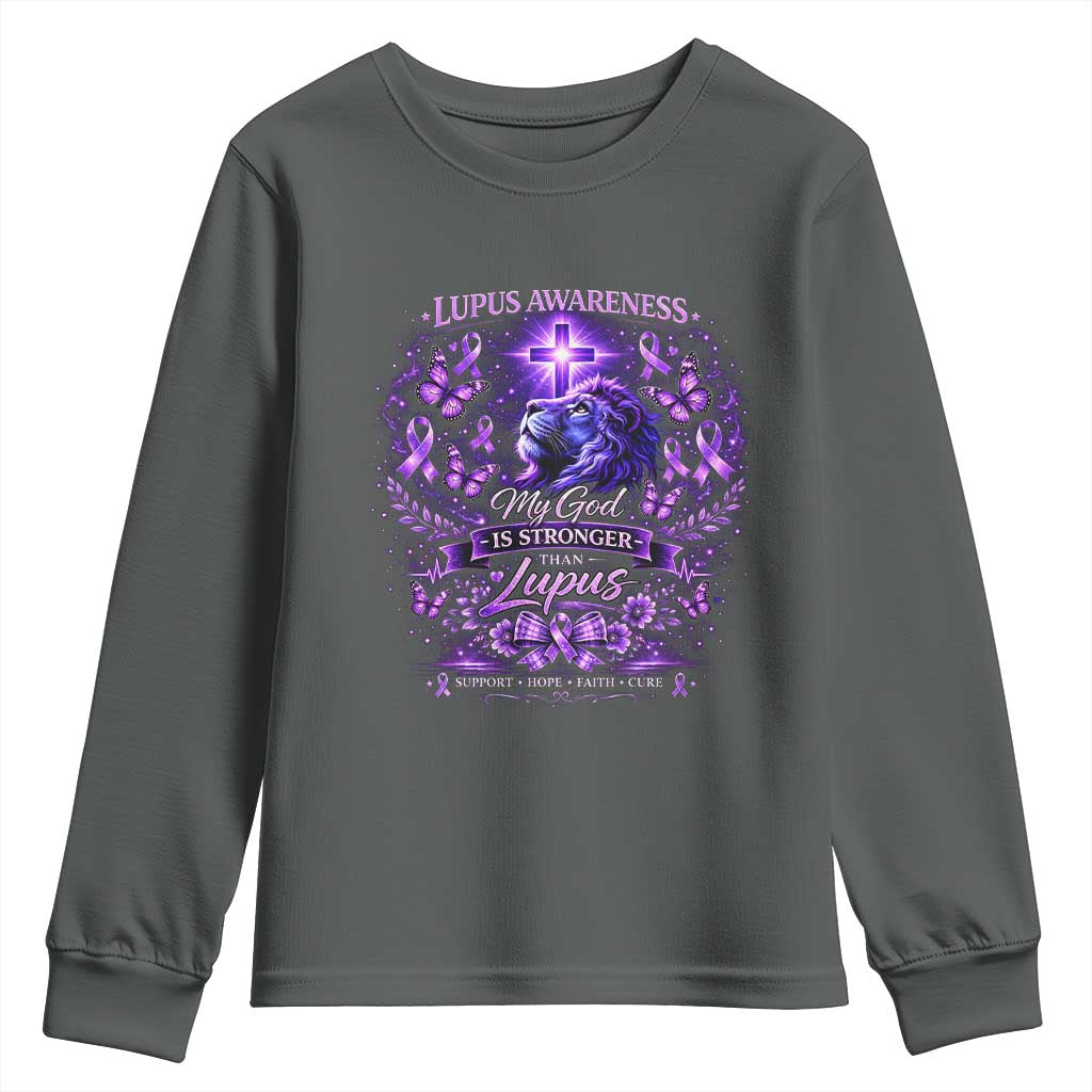 Lupus Support Youth Sweatshirt Lion Purple Ribbon My God Is Stronger Than Lupus