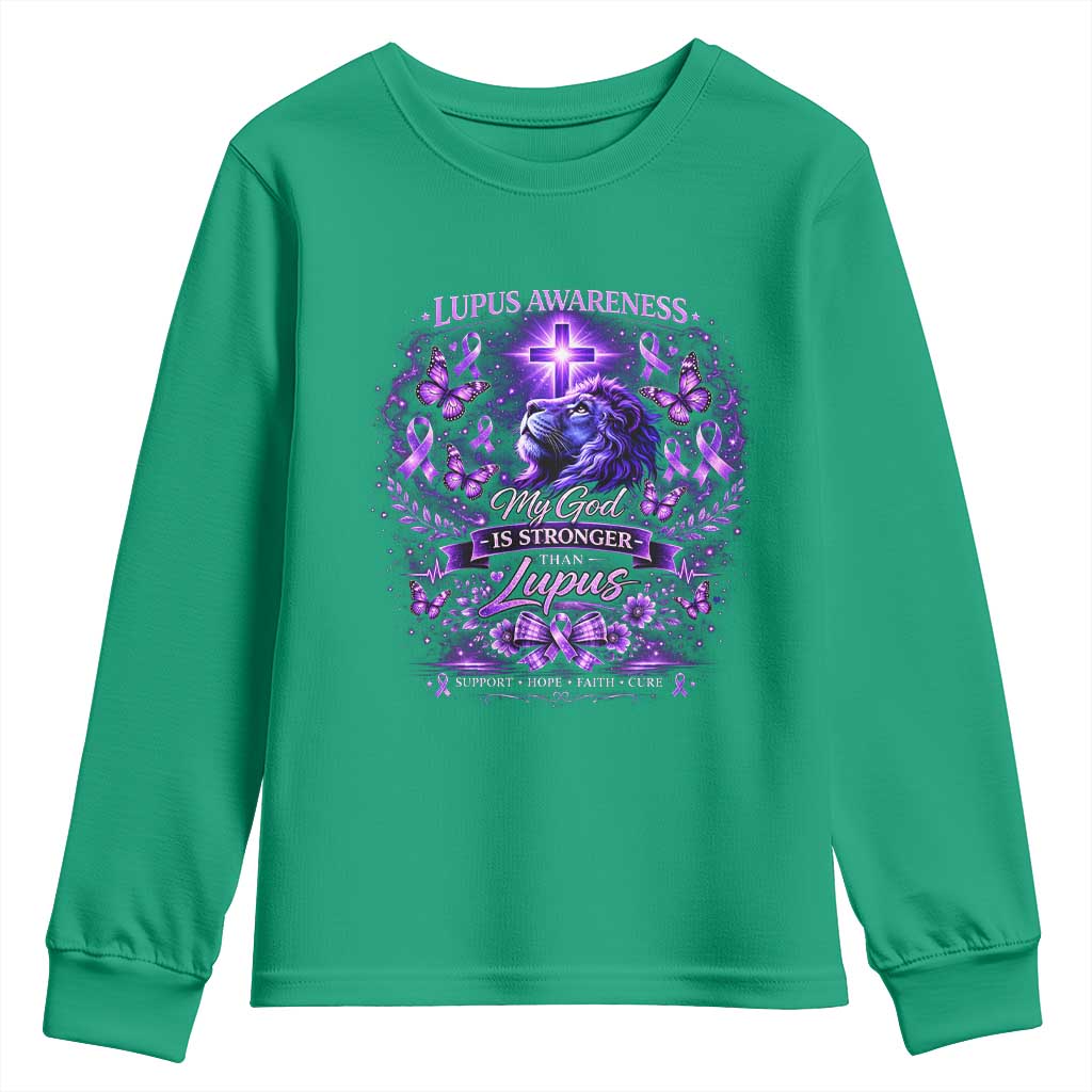 Lupus Support Youth Sweatshirt Lion Purple Ribbon My God Is Stronger Than Lupus