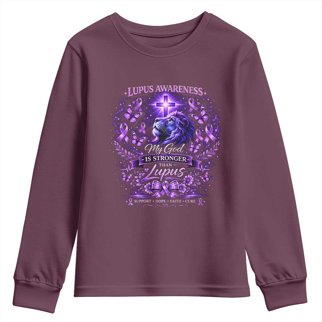 Lupus Support Youth Sweatshirt Lion Purple Ribbon My God Is Stronger Than Lupus