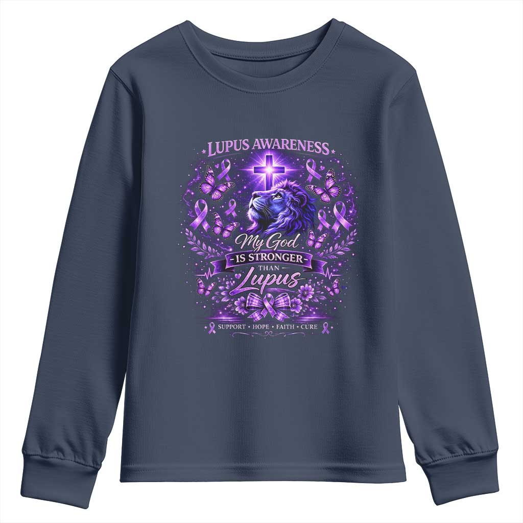 Lupus Support Youth Sweatshirt Lion Purple Ribbon My God Is Stronger Than Lupus
