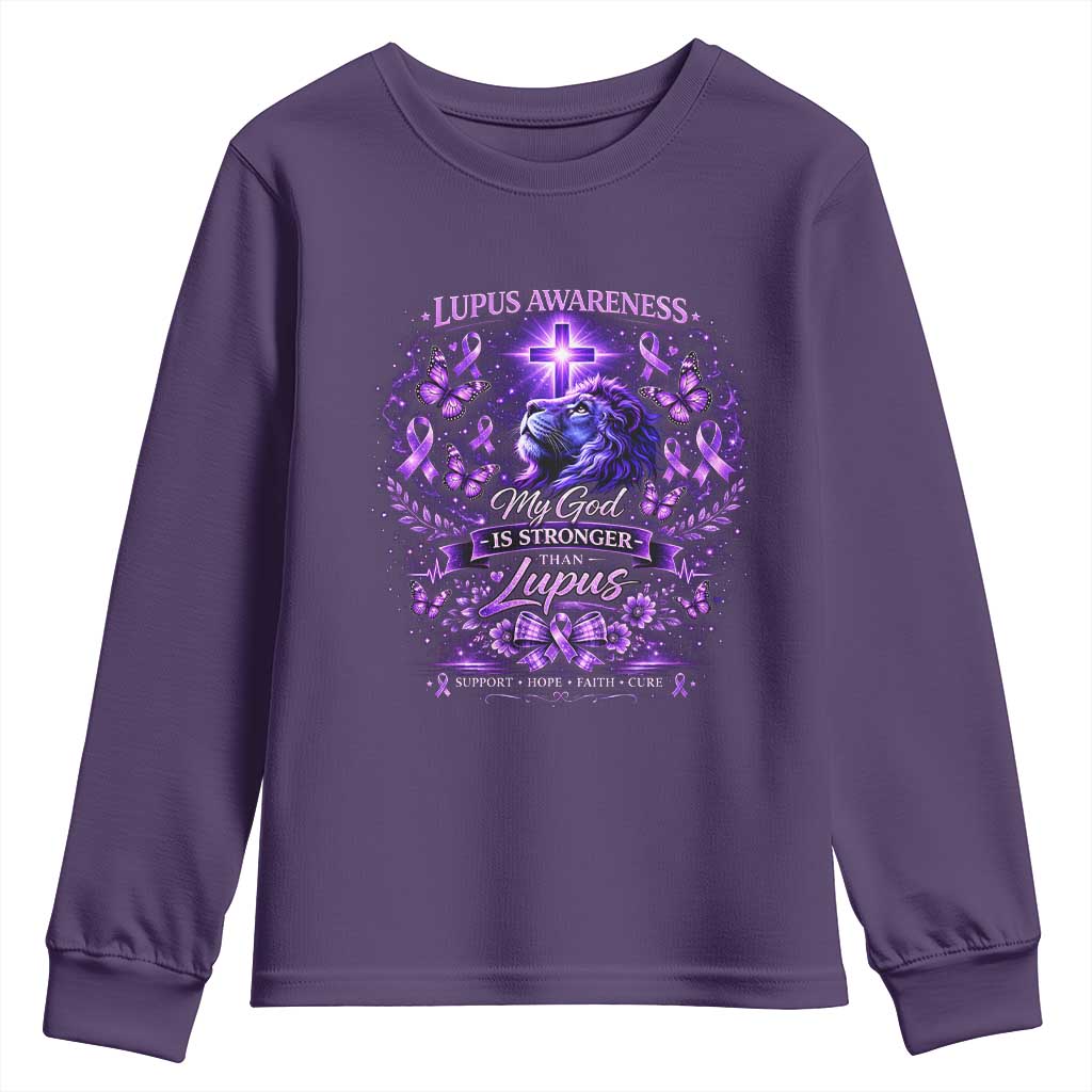 Lupus Support Youth Sweatshirt Lion Purple Ribbon My God Is Stronger Than Lupus