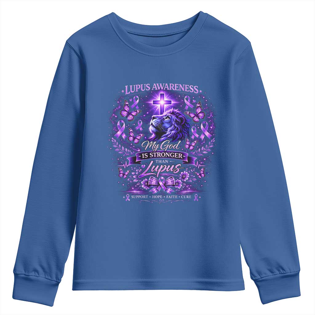Lupus Support Youth Sweatshirt Lion Purple Ribbon My God Is Stronger Than Lupus