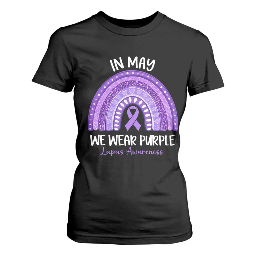 Lupus Support T Shirt For Women In May We Wear Purple Ribbon Rainbow