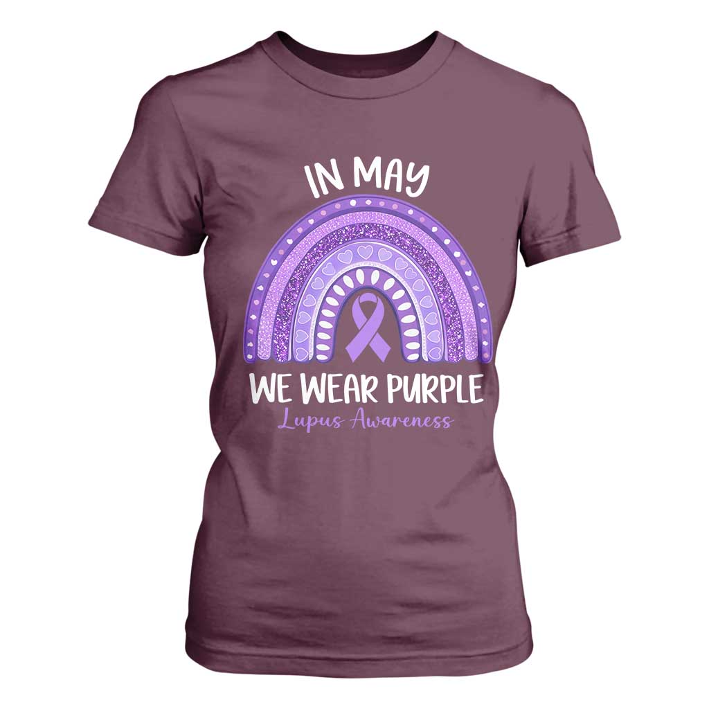 Lupus Support T Shirt For Women In May We Wear Purple Ribbon Rainbow