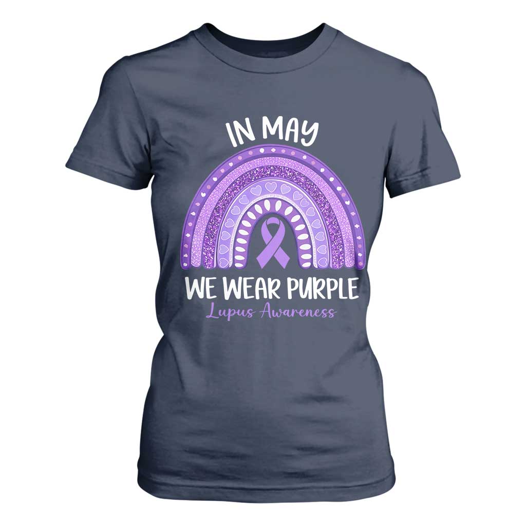 Lupus Support T Shirt For Women In May We Wear Purple Ribbon Rainbow