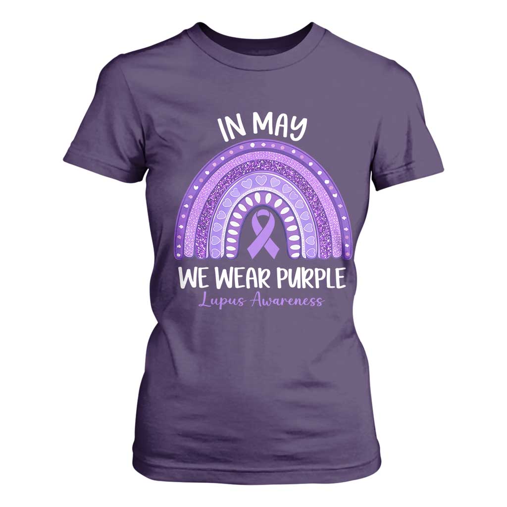 Lupus Support T Shirt For Women In May We Wear Purple Ribbon Rainbow