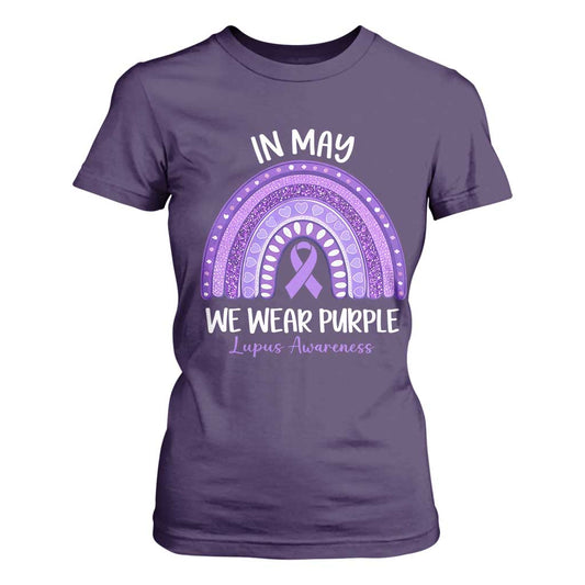Lupus Support T Shirt For Women In May We Wear Purple Ribbon Rainbow