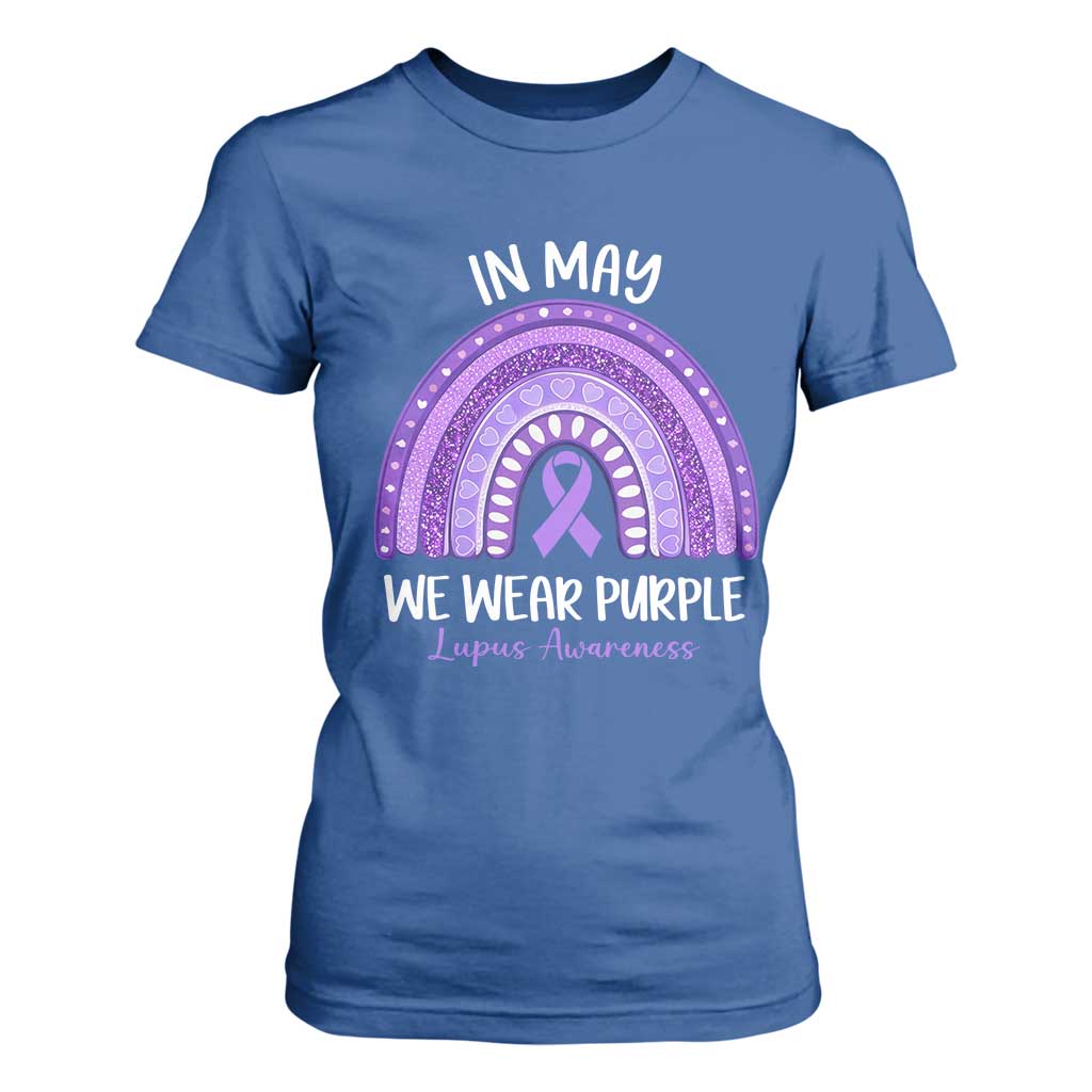 Lupus Support T Shirt For Women In May We Wear Purple Ribbon Rainbow