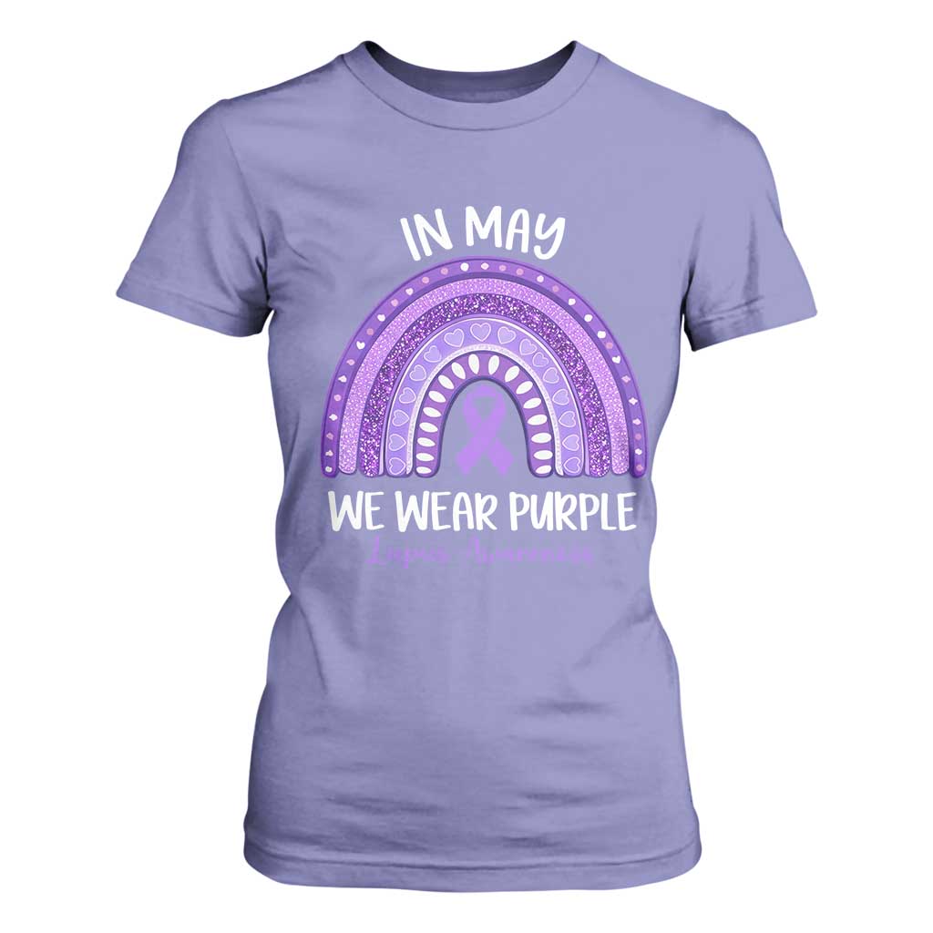 Lupus Support T Shirt For Women In May We Wear Purple Ribbon Rainbow