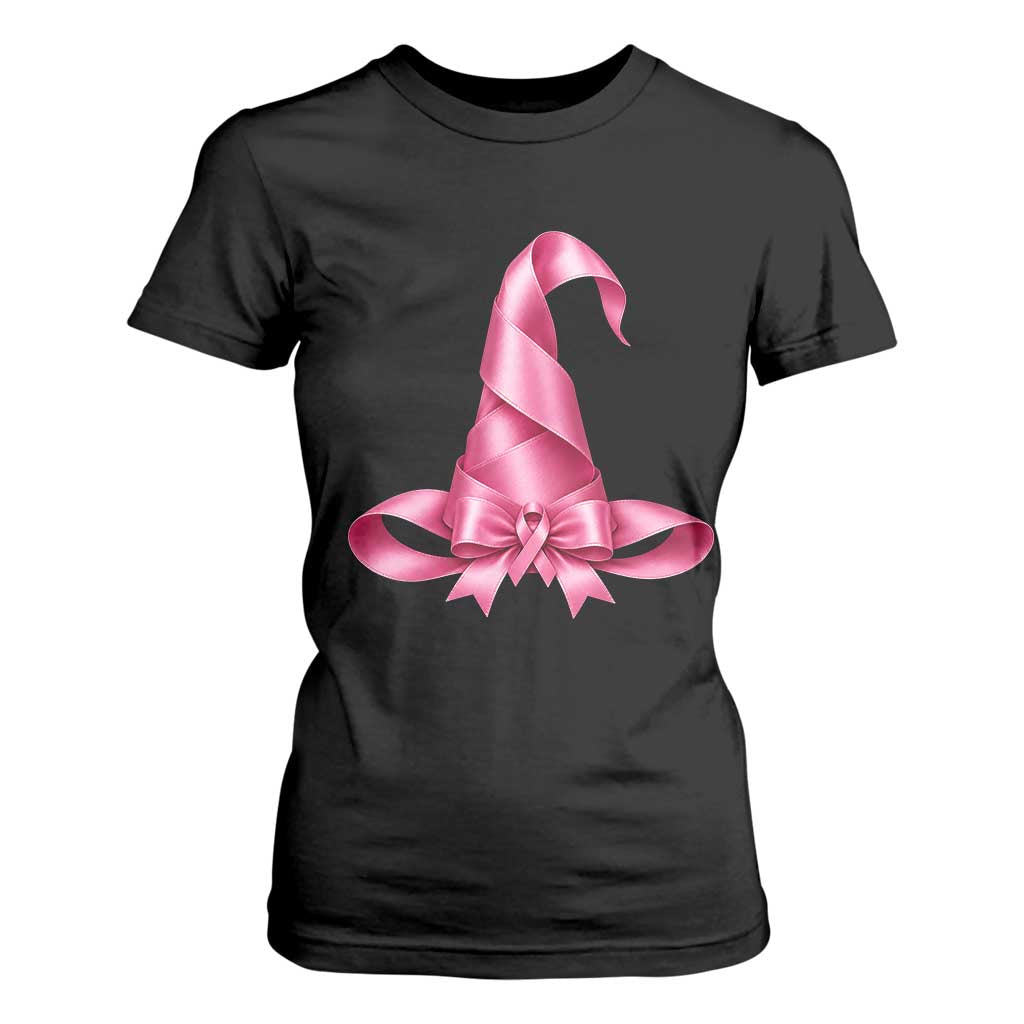 Pink Ribbon Witch Hat Breast Cancer Halloween T Shirt For Women