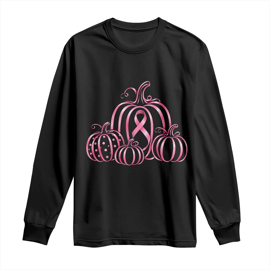 Pink Ribbon Pumpkin Graphic Breast Cancer Support Halloween Graphic Long Sleeve Shirt