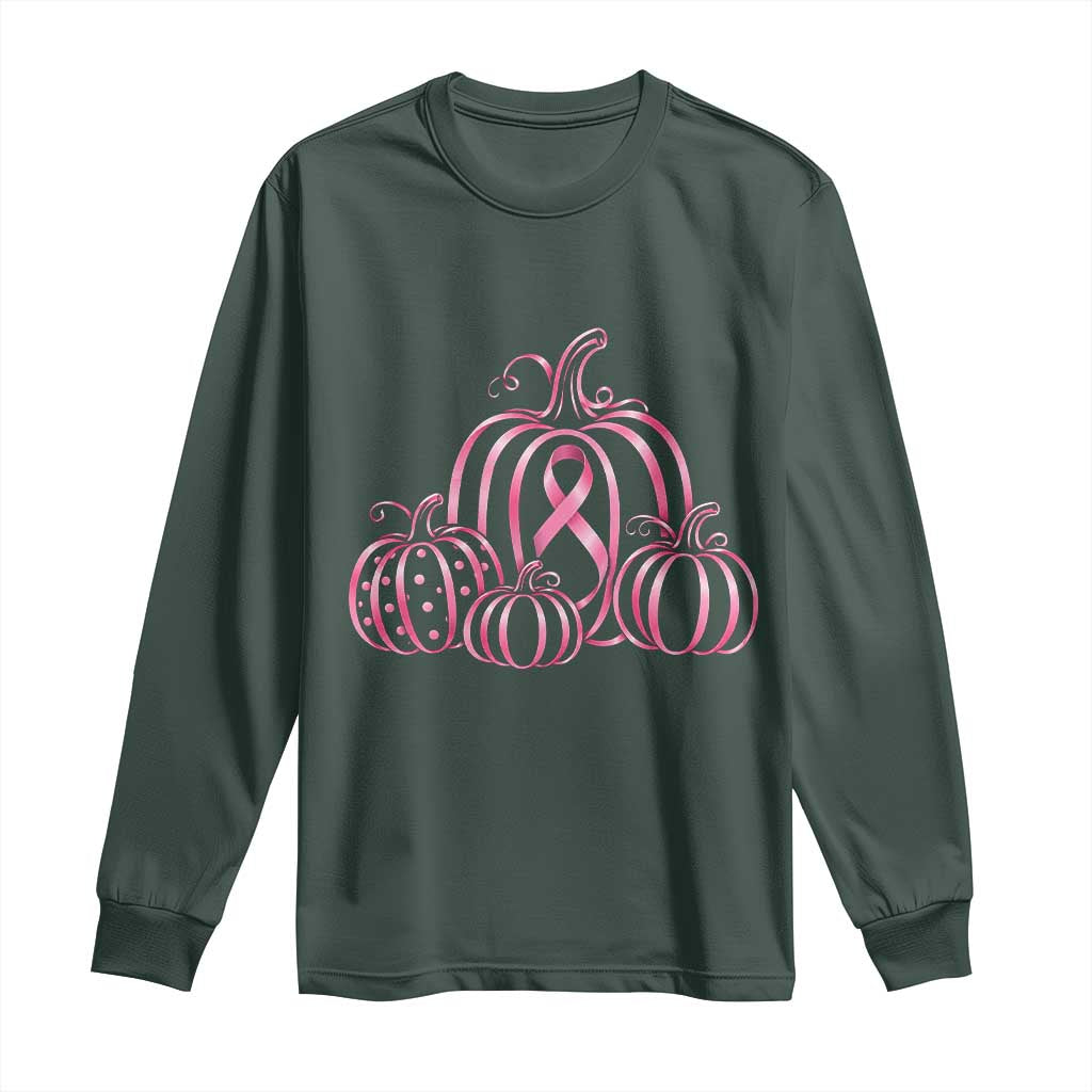 Pink Ribbon Pumpkin Graphic Breast Cancer Support Halloween Graphic Long Sleeve Shirt