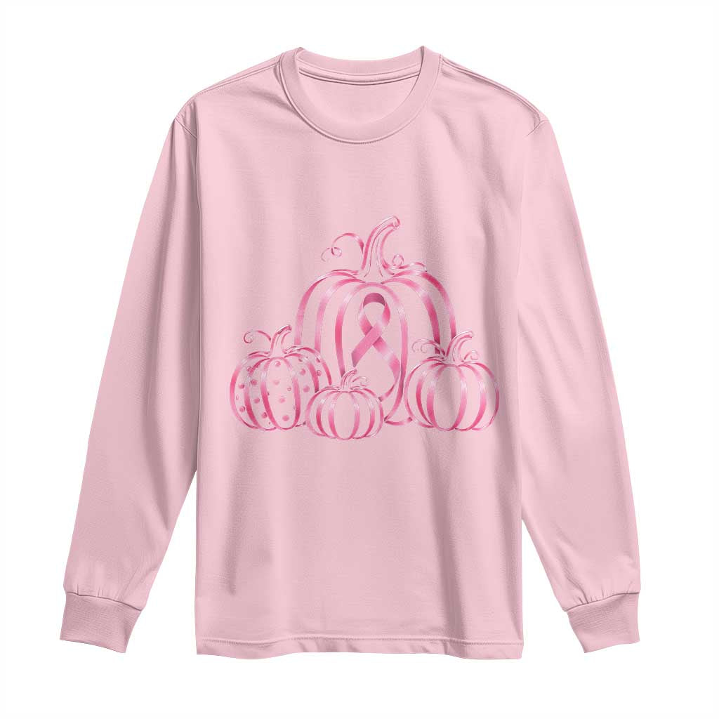 Pink Ribbon Pumpkin Graphic Breast Cancer Support Halloween Graphic Long Sleeve Shirt