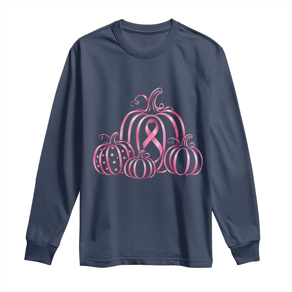 Pink Ribbon Pumpkin Graphic Breast Cancer Support Halloween Graphic Long Sleeve Shirt