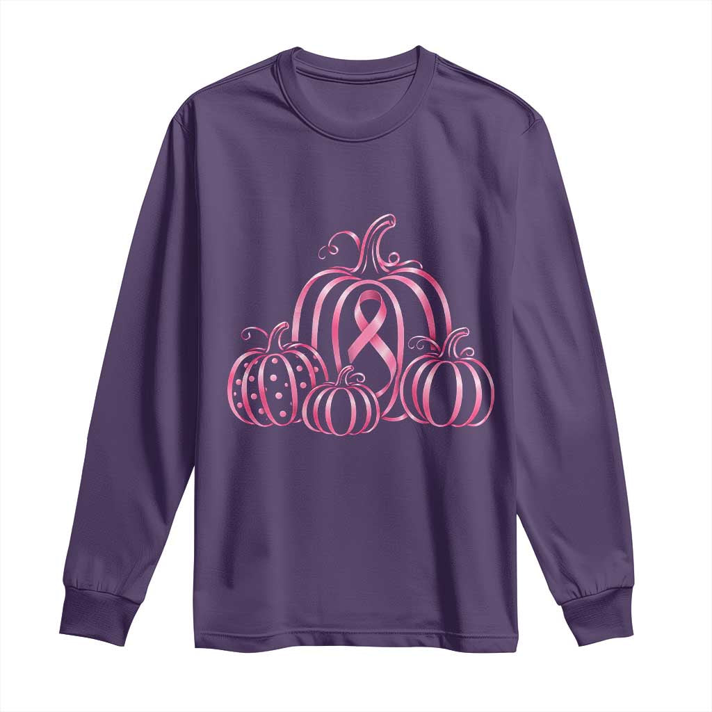 Pink Ribbon Pumpkin Graphic Breast Cancer Support Halloween Graphic Long Sleeve Shirt