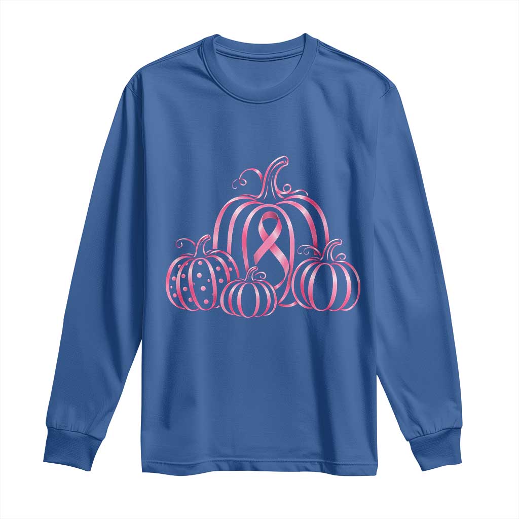 Pink Ribbon Pumpkin Graphic Breast Cancer Support Halloween Graphic Long Sleeve Shirt
