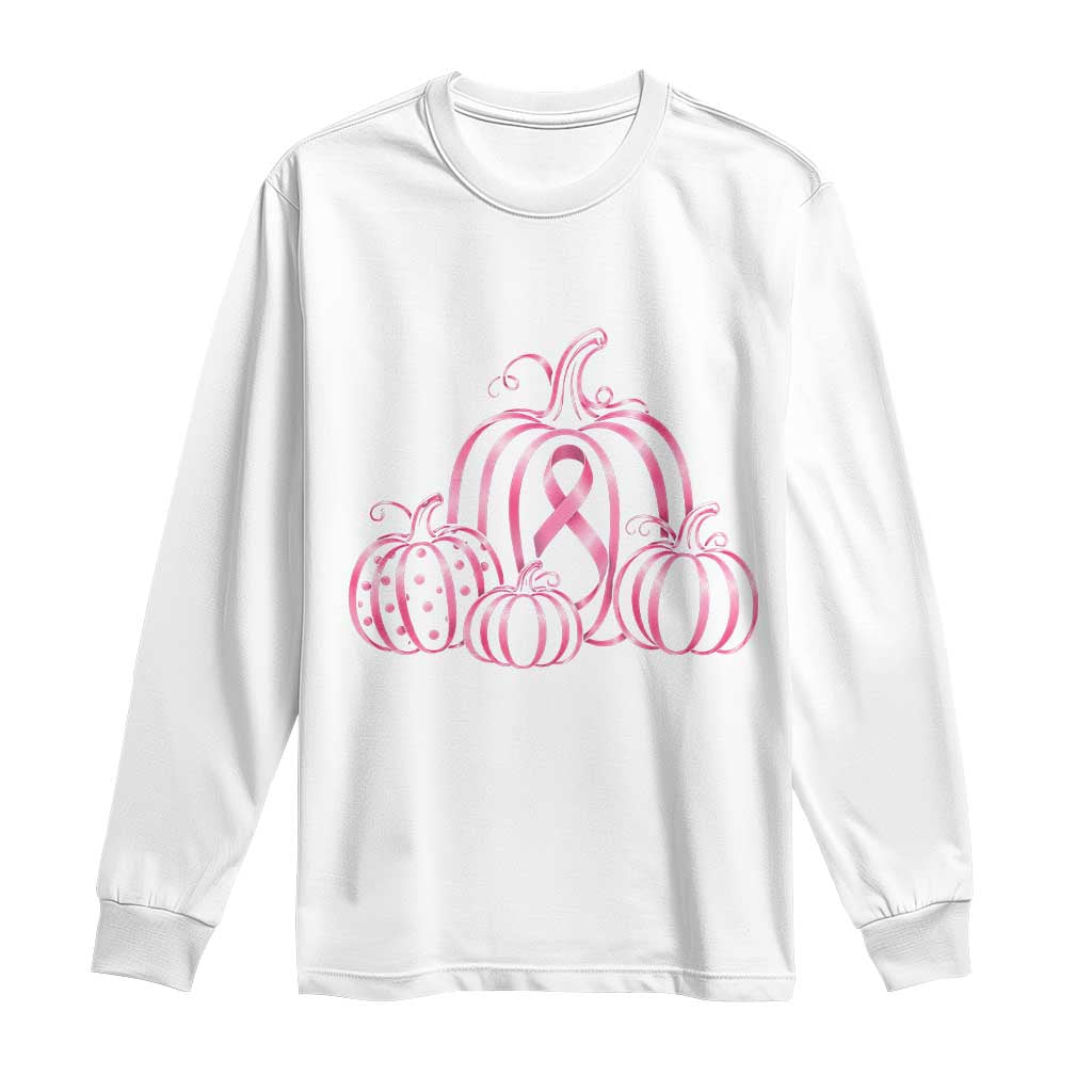 Pink Ribbon Pumpkin Graphic Breast Cancer Support Halloween Graphic Long Sleeve Shirt