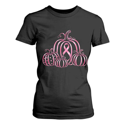 Pink Ribbon Pumpkin Graphic Breast Cancer Support Halloween Graphic T Shirt For Women