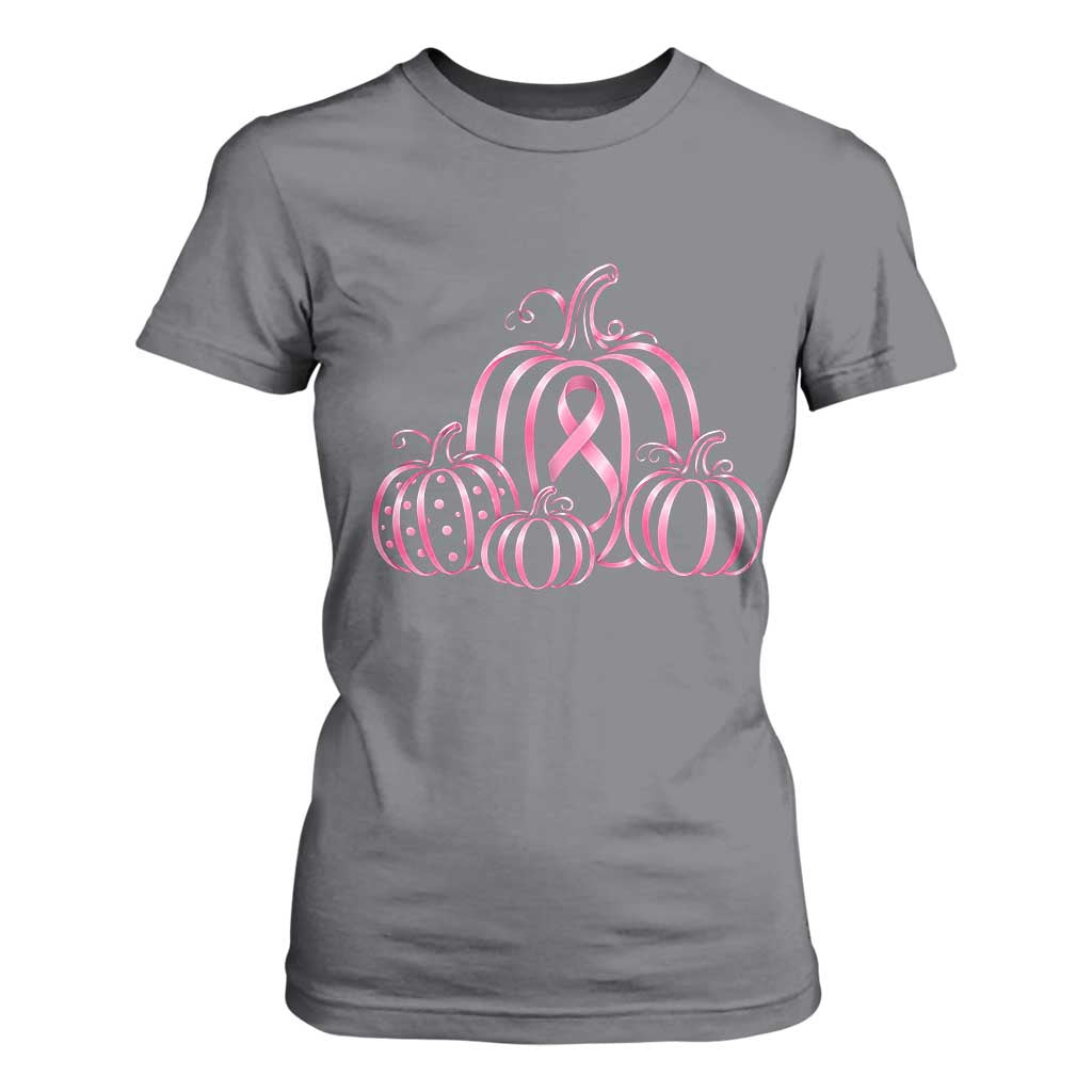 Pink Ribbon Pumpkin Graphic Breast Cancer Support Halloween Graphic T Shirt For Women