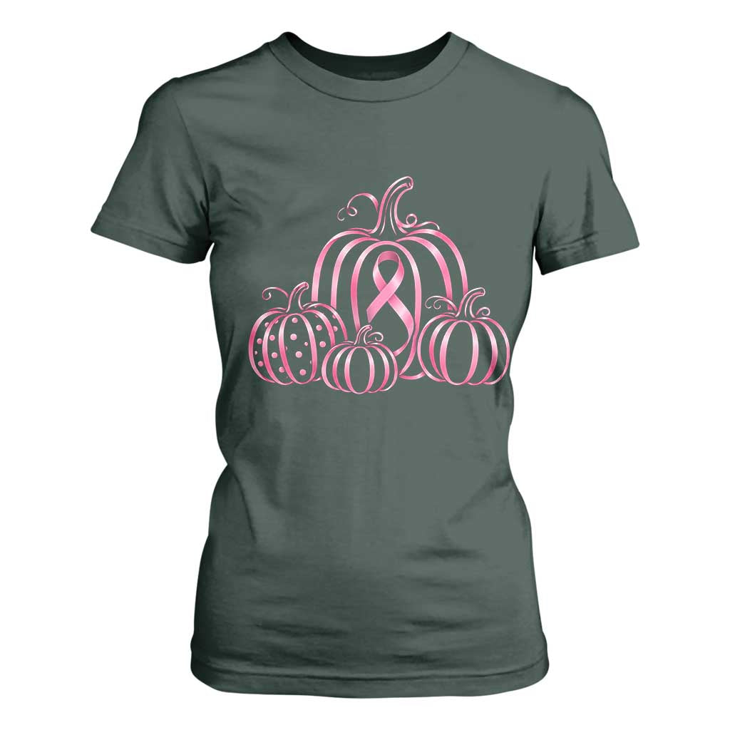 Pink Ribbon Pumpkin Graphic Breast Cancer Support Halloween Graphic T Shirt For Women