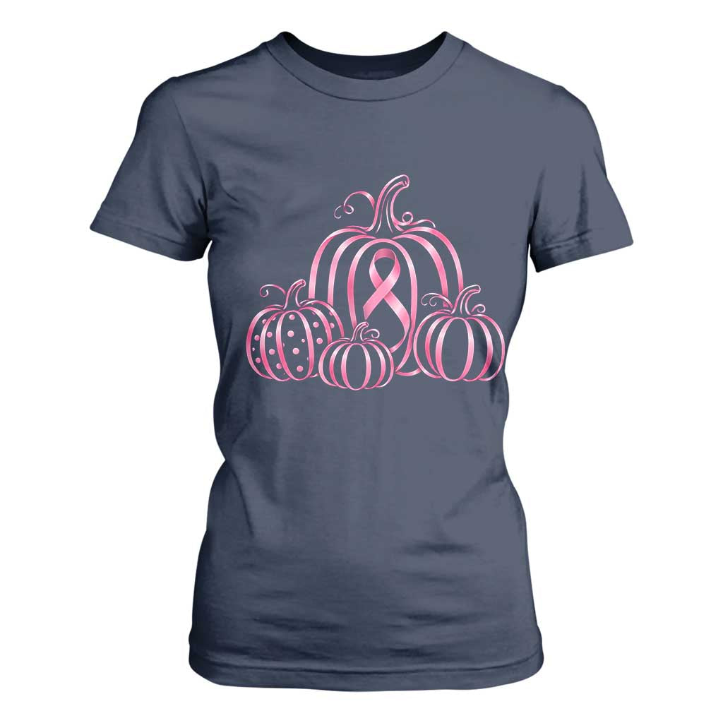 Pink Ribbon Pumpkin Graphic Breast Cancer Support Halloween Graphic T Shirt For Women