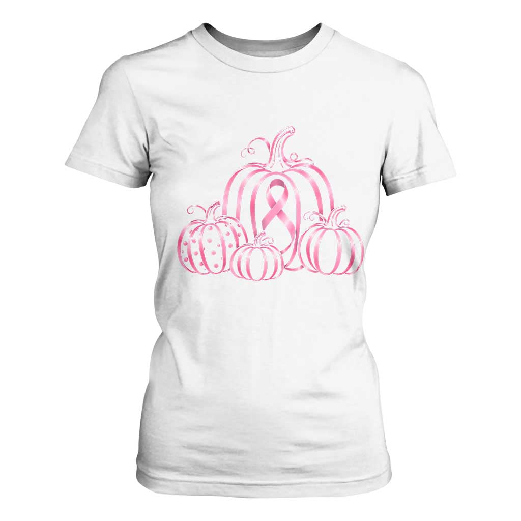 Pink Ribbon Pumpkin Graphic Breast Cancer Support Halloween Graphic T Shirt For Women