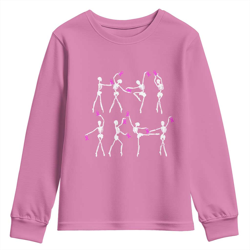 Pink Ribbon Breast Cancer Support Youth Sweatshirt Skeleton Ballerinas Ballet Dance Cute Halloween