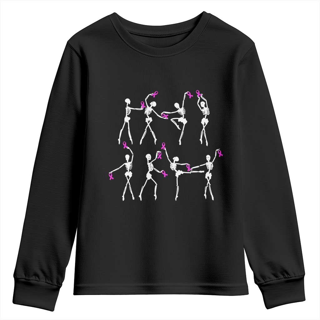Pink Ribbon Breast Cancer Support Youth Sweatshirt Skeleton Ballerinas Ballet Dance Cute Halloween