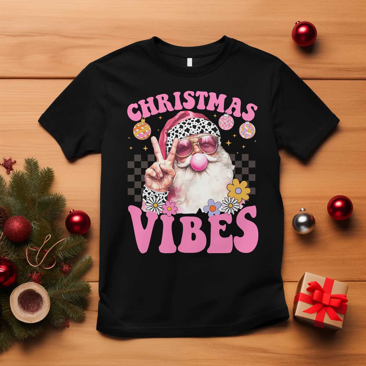 retro-christmas-santa-t-shirt-pink-xmas-vibes-groovy-santa-claus-womens-kids-girls-gifts