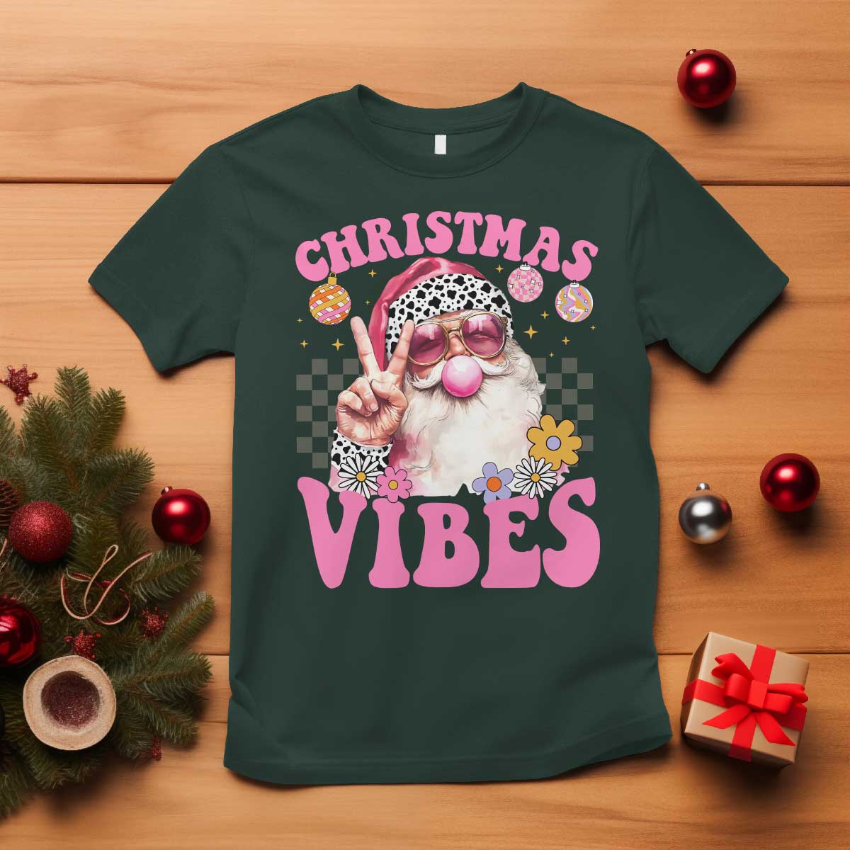retro-christmas-santa-t-shirt-pink-xmas-vibes-groovy-santa-claus-womens-kids-girls-gifts
