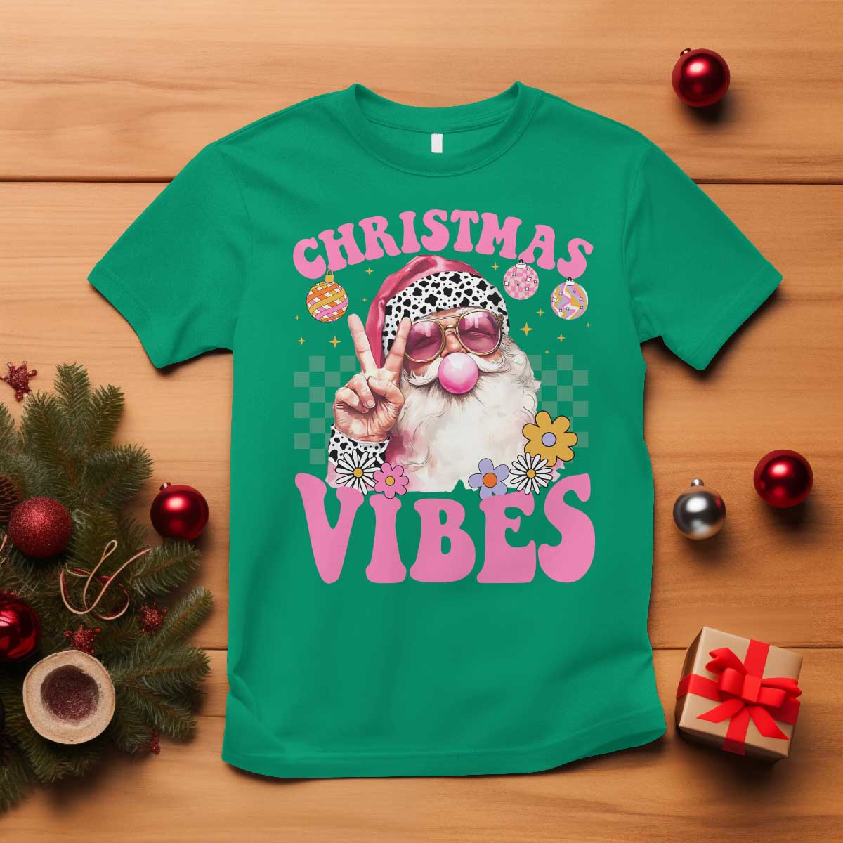 retro-christmas-santa-t-shirt-pink-xmas-vibes-groovy-santa-claus-womens-kids-girls-gifts