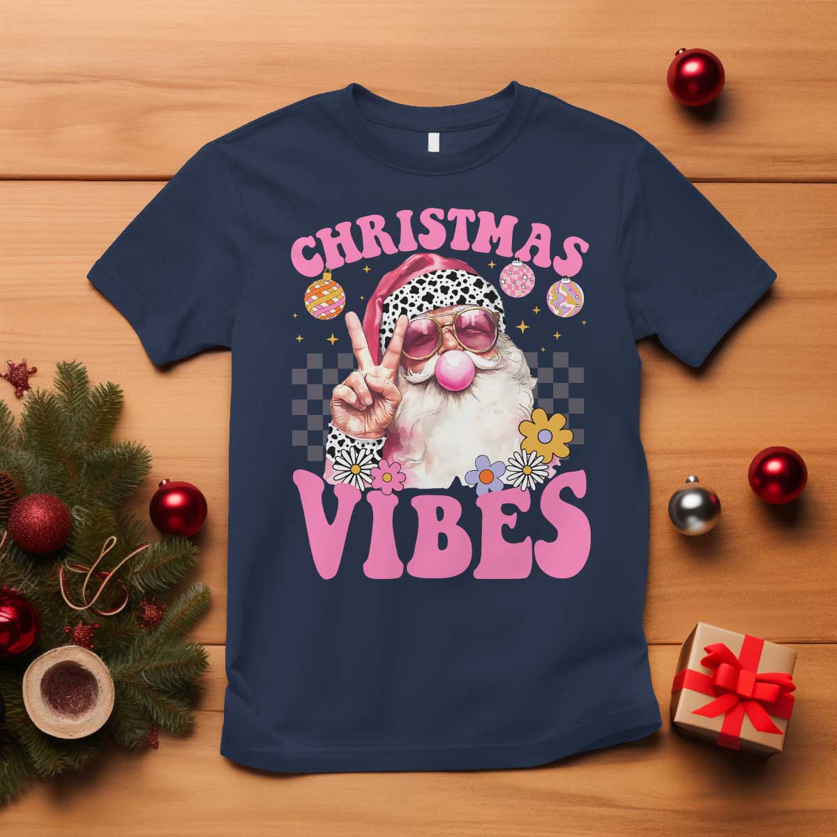 retro-christmas-santa-t-shirt-pink-xmas-vibes-groovy-santa-claus-womens-kids-girls-gifts