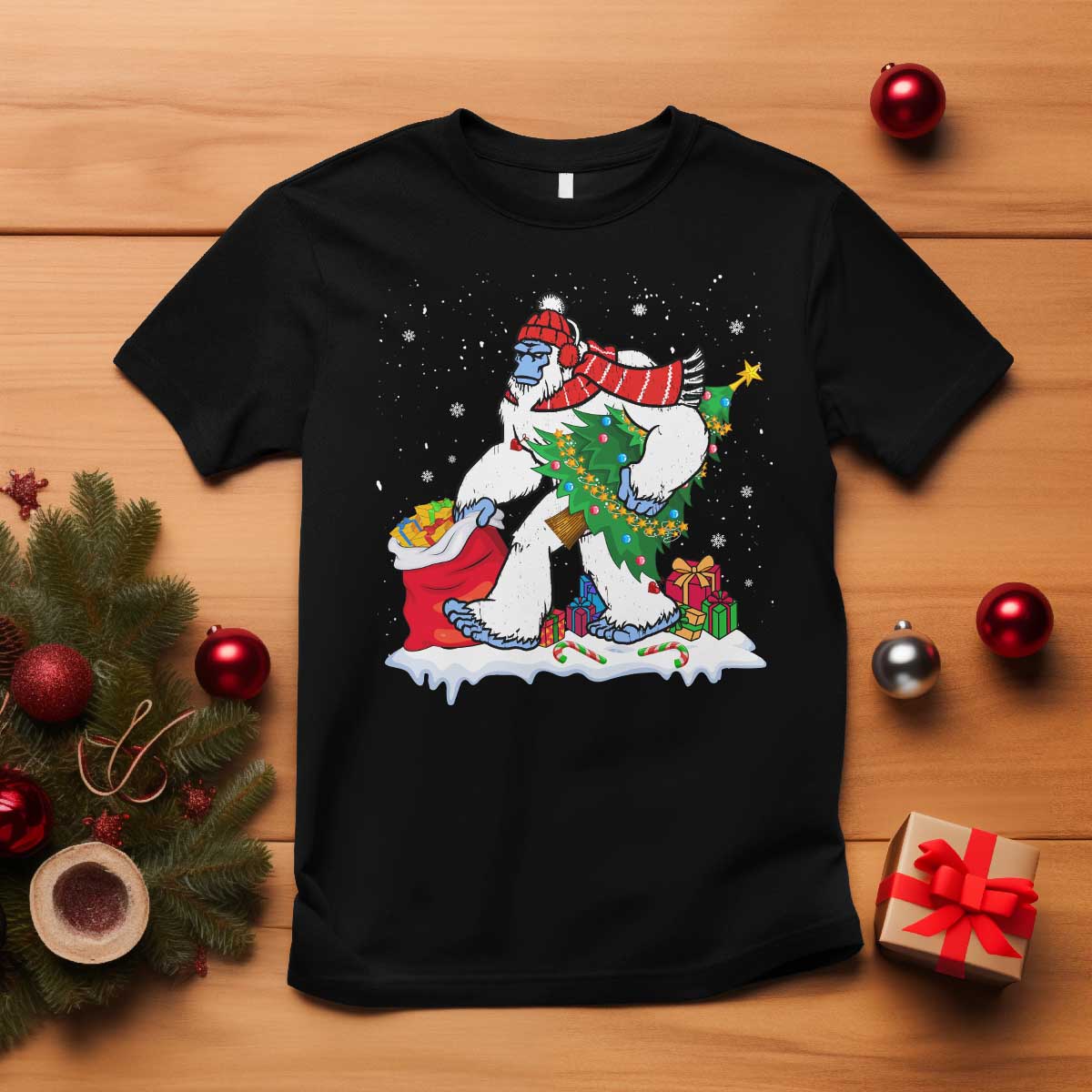 funny-bigfoot-christmas-t-shirt-believe-winter-yeti-santa-hat-sasquatch-loves-xmas-tree-lights