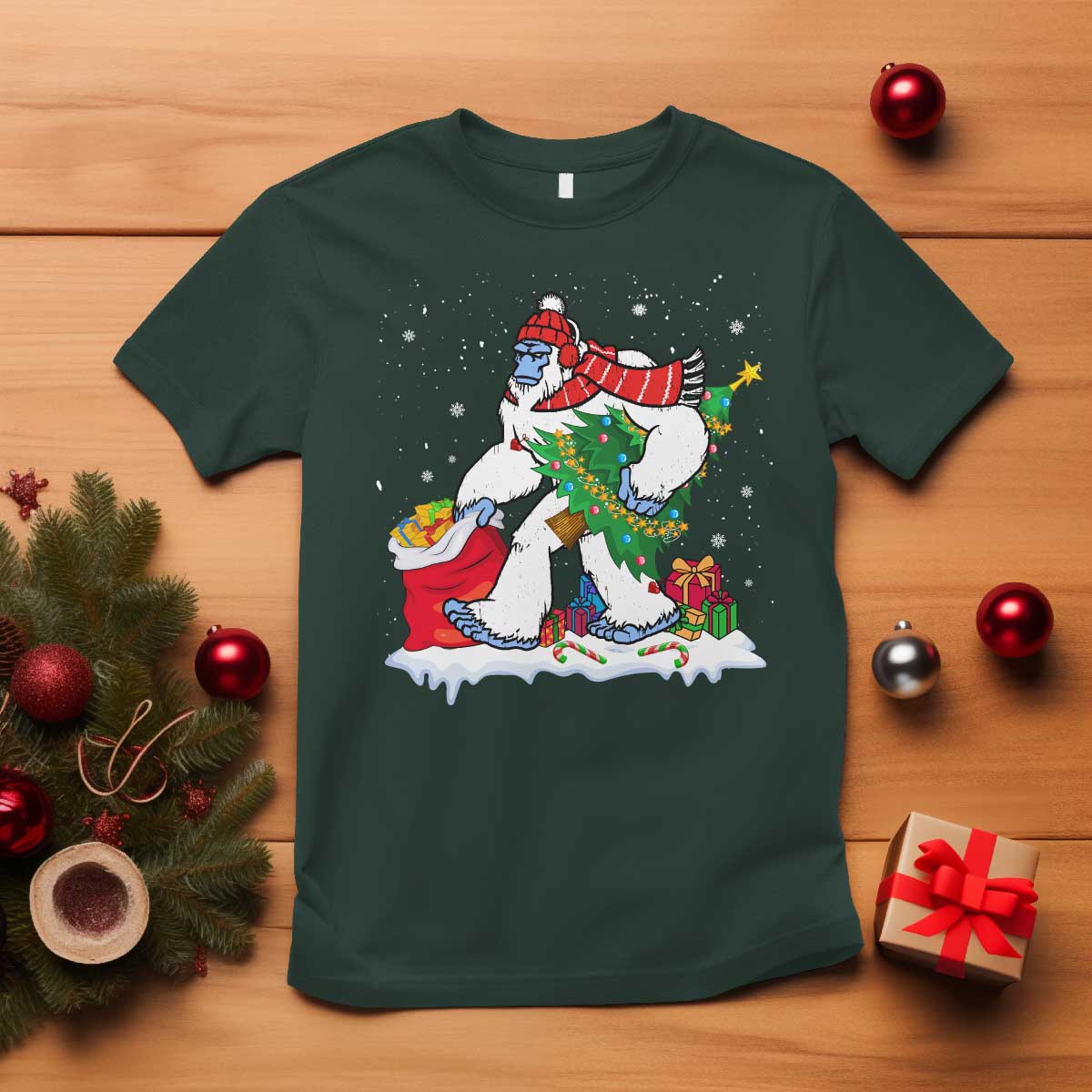 funny-bigfoot-christmas-t-shirt-believe-winter-yeti-santa-hat-sasquatch-loves-xmas-tree-lights