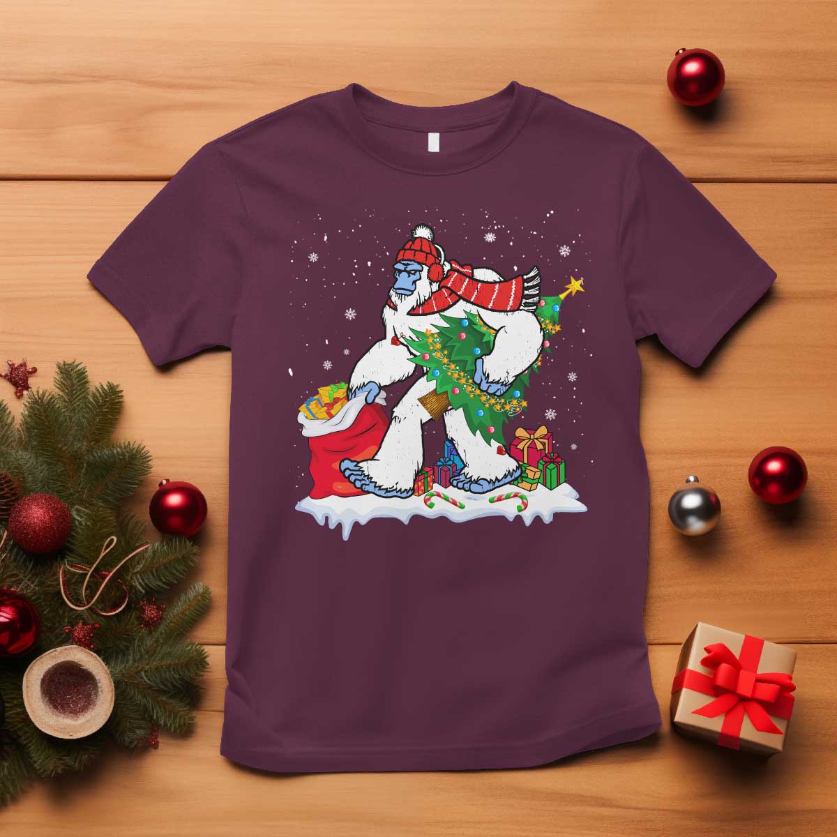 funny-bigfoot-christmas-t-shirt-believe-winter-yeti-santa-hat-sasquatch-loves-xmas-tree-lights