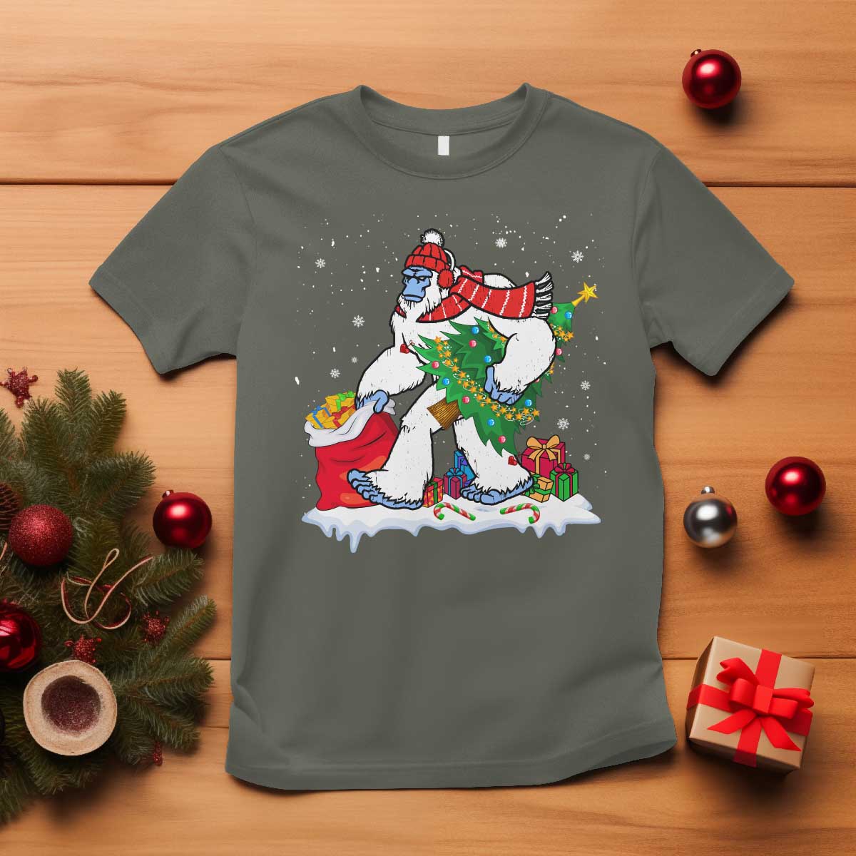funny-bigfoot-christmas-t-shirt-believe-winter-yeti-santa-hat-sasquatch-loves-xmas-tree-lights