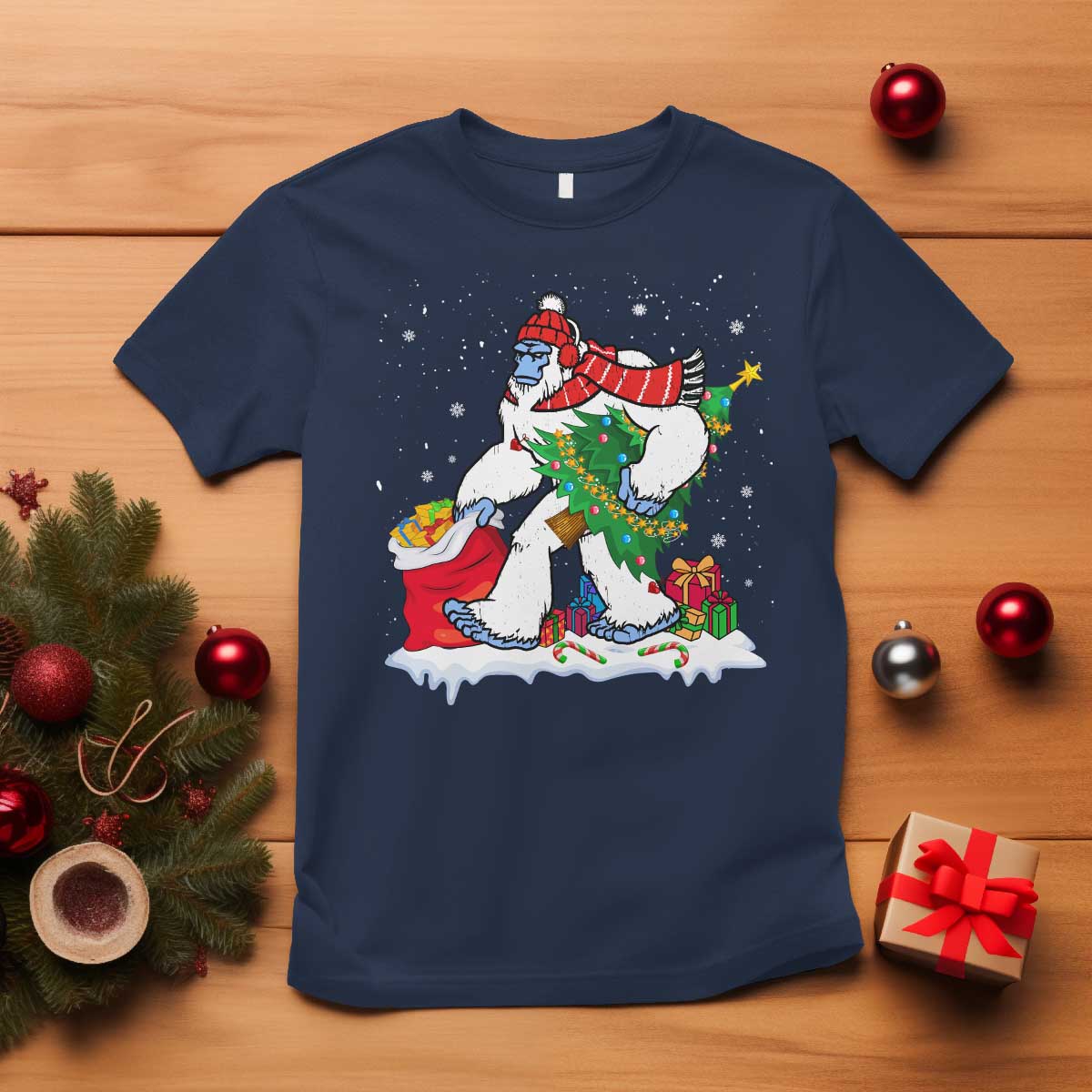 funny-bigfoot-christmas-t-shirt-believe-winter-yeti-santa-hat-sasquatch-loves-xmas-tree-lights
