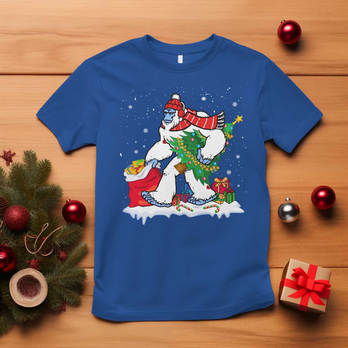 funny-bigfoot-christmas-t-shirt-believe-winter-yeti-santa-hat-sasquatch-loves-xmas-tree-lights