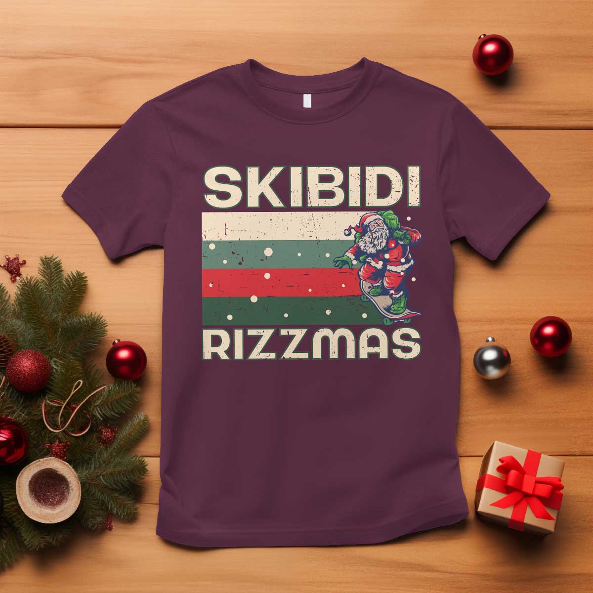 funny-christmas-t-shirt-skibidi-rizzmas-rizz-santa-clause-skating-board-xmas-retro-stripe