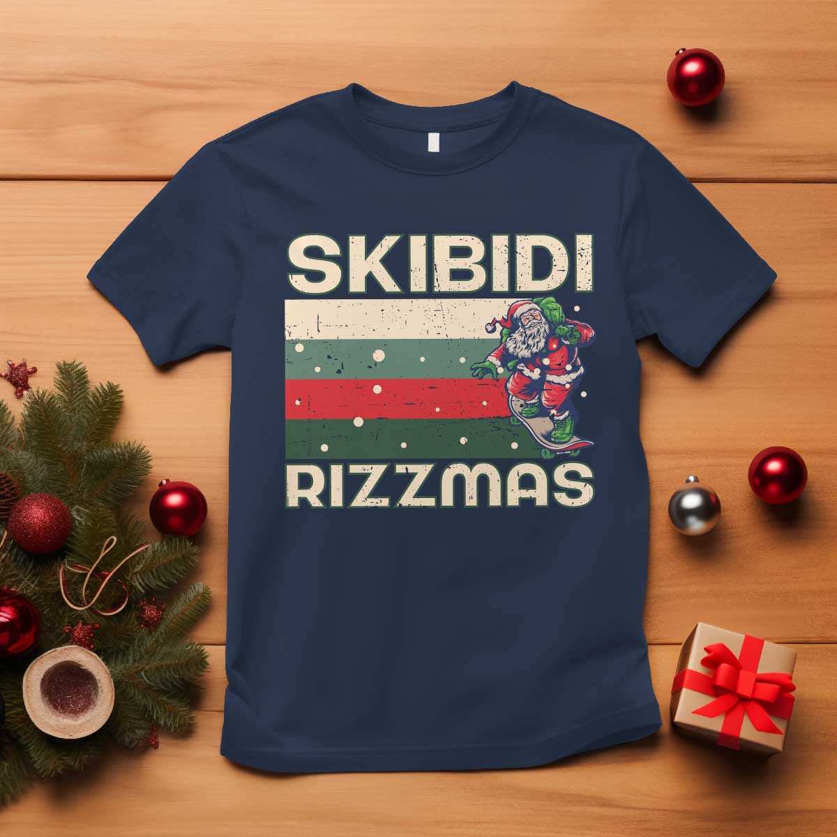 funny-christmas-t-shirt-skibidi-rizzmas-rizz-santa-clause-skating-board-xmas-retro-stripe