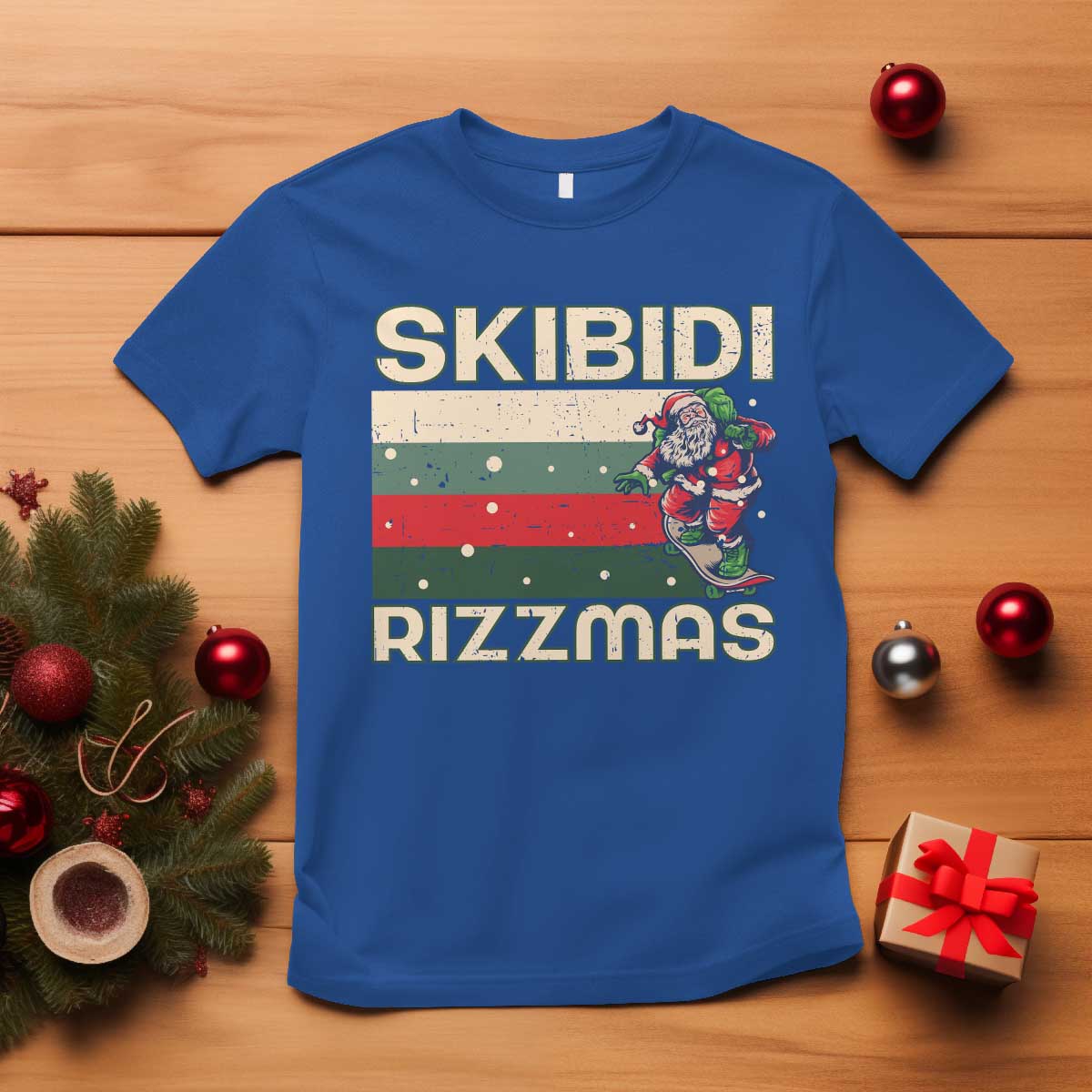 funny-christmas-t-shirt-skibidi-rizzmas-rizz-santa-clause-skating-board-xmas-retro-stripe