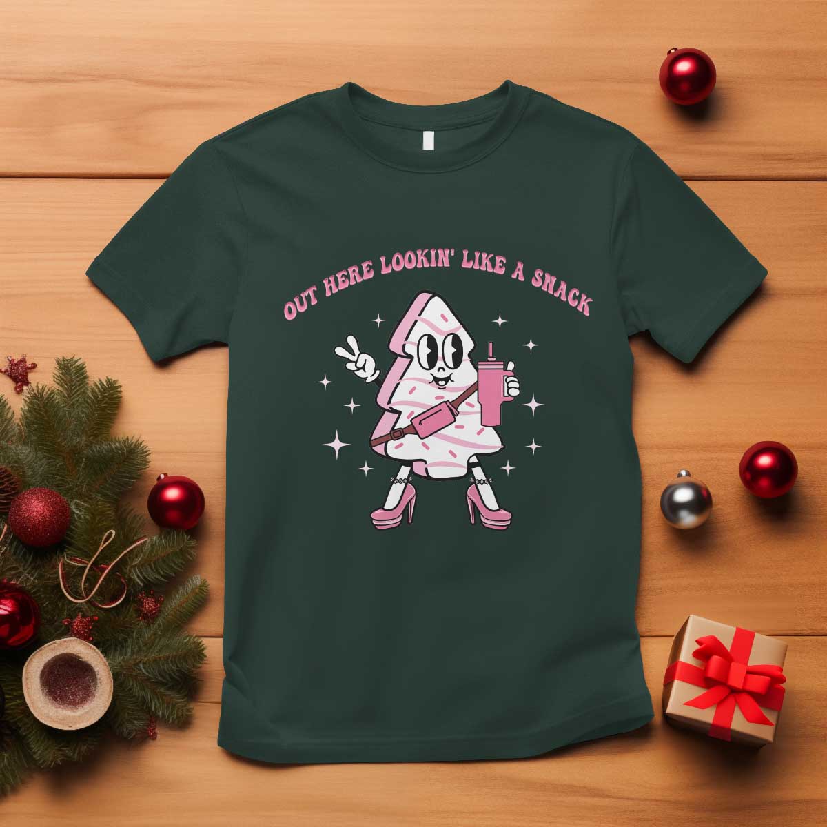 pink-christmas-tree-cake-t-shirt-out-here-lookin-like-a-snack-boujee-xmas
