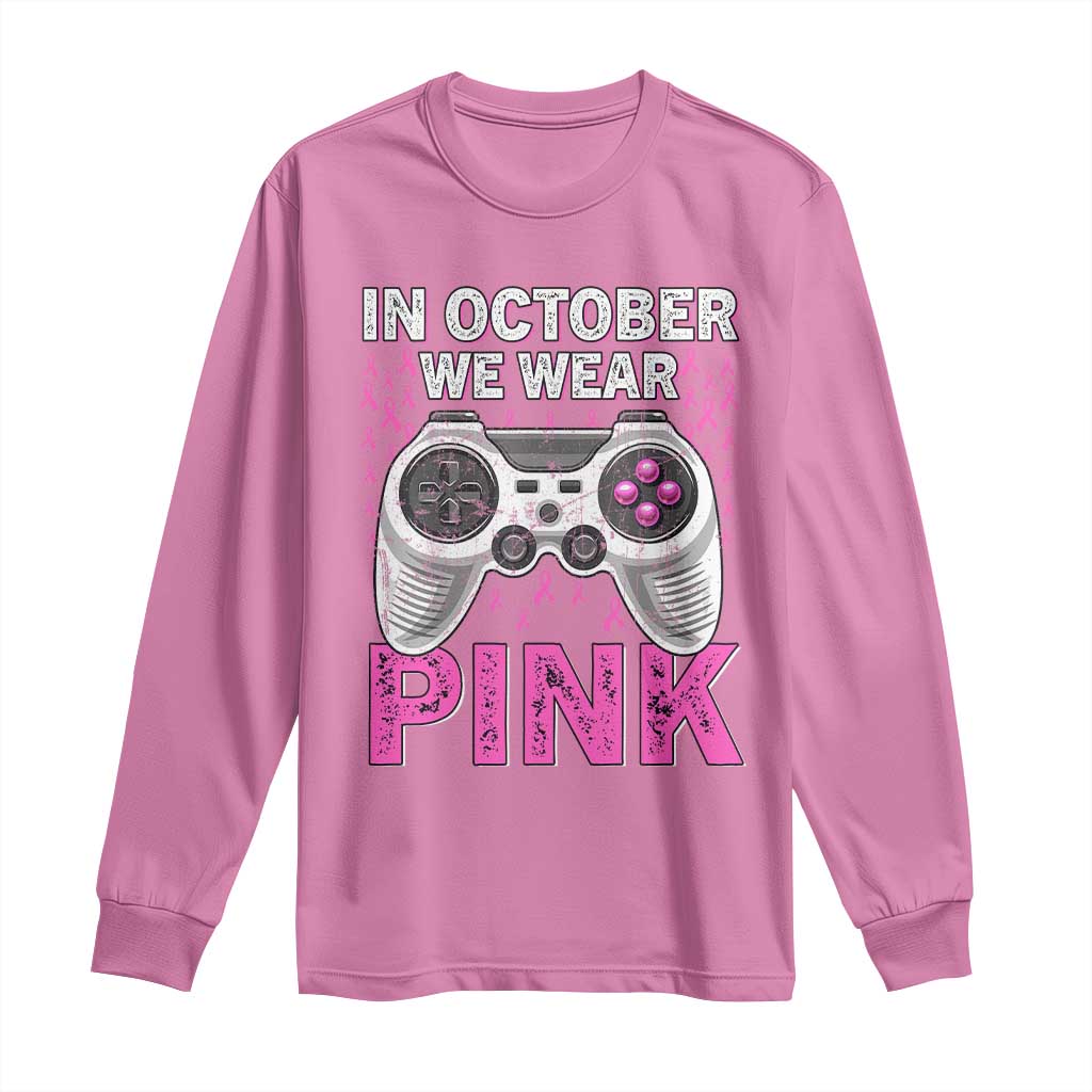 Pink Ribbon Breast Cancer Support October We Wear Pink Long Sleeve Shirt Kids Gaming