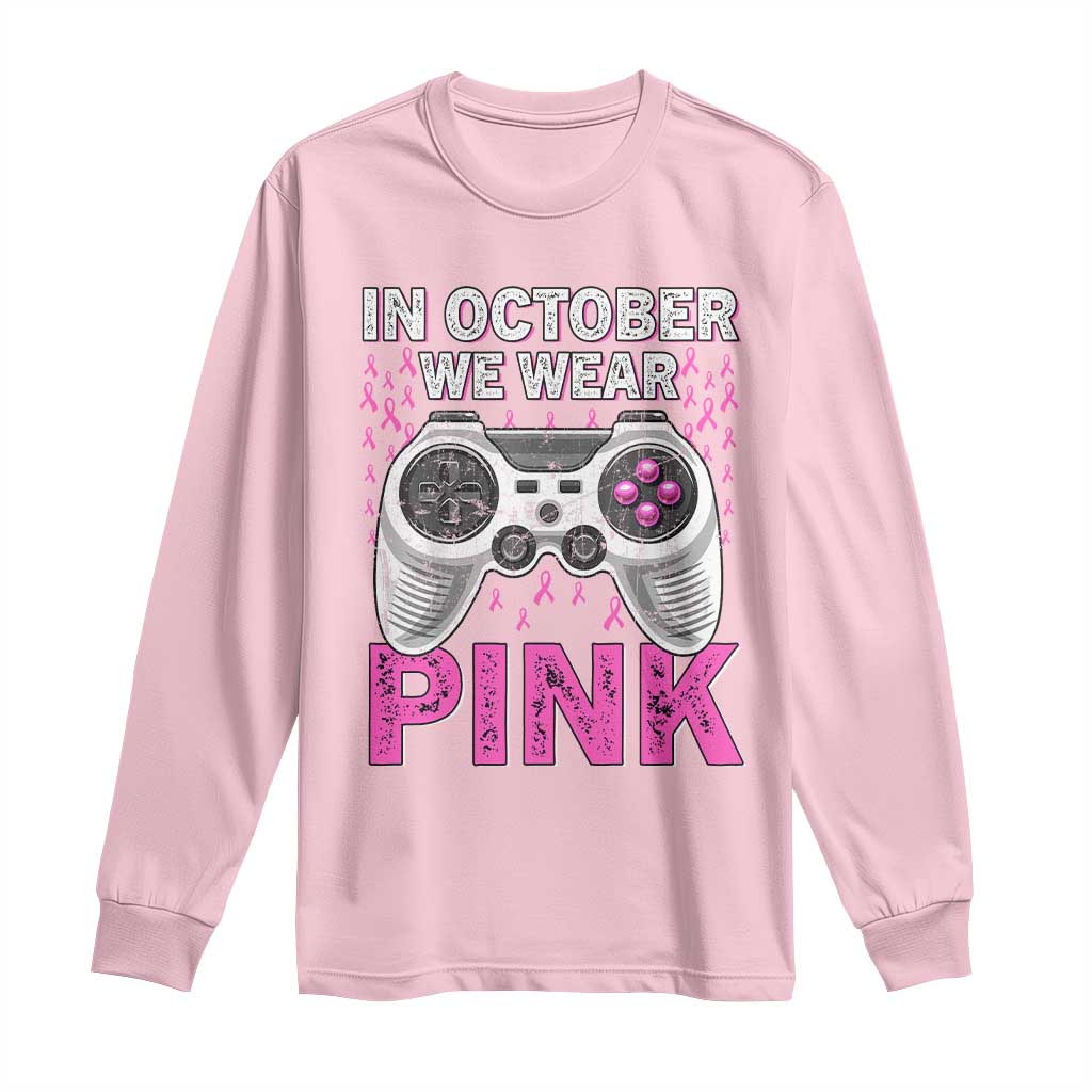 Pink Ribbon Breast Cancer Support October We Wear Pink Long Sleeve Shirt Kids Gaming