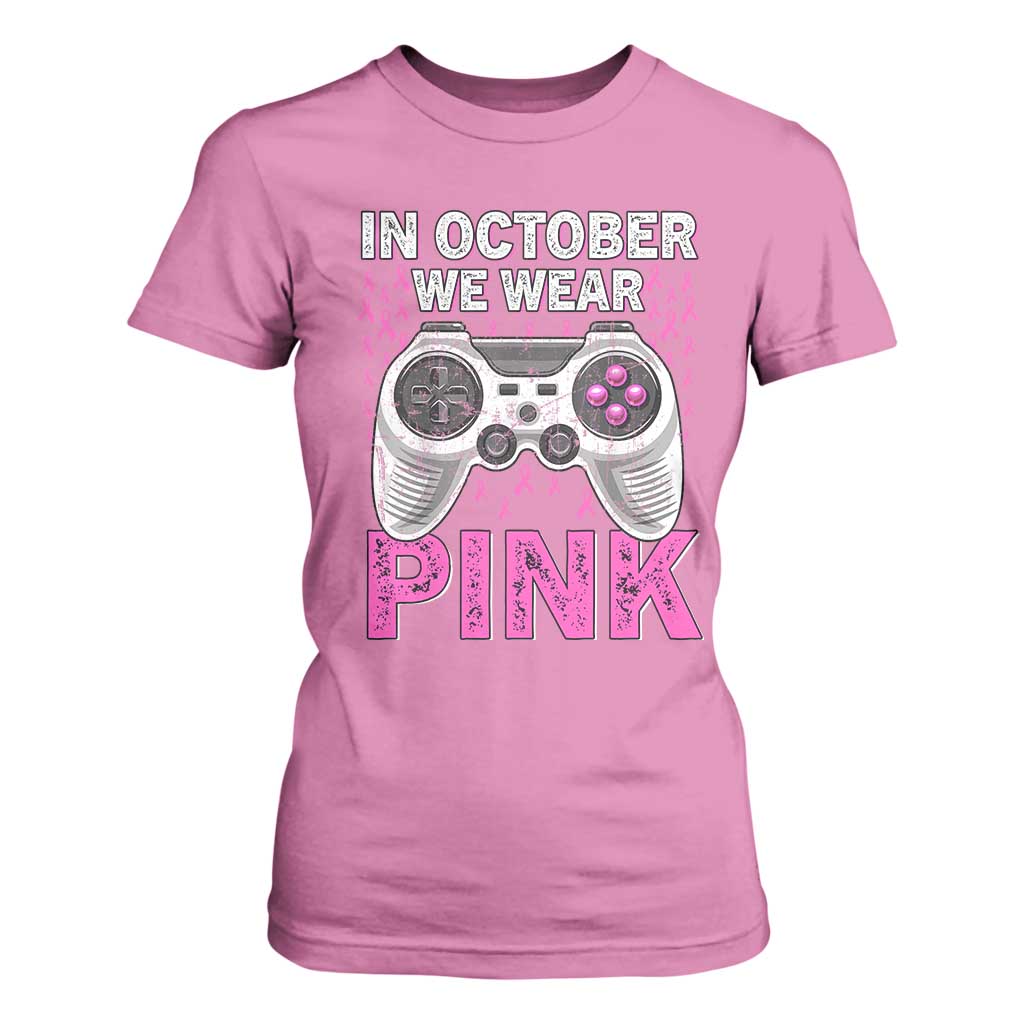 Pink Ribbon Breast Cancer Support October We Wear Pink T Shirt For Women Kids Gaming