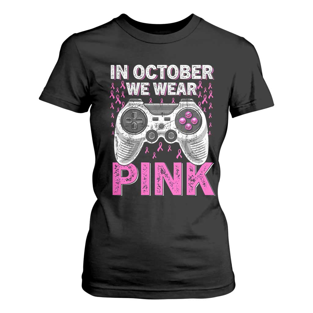 Pink Ribbon Breast Cancer Support October We Wear Pink T Shirt For Women Kids Gaming