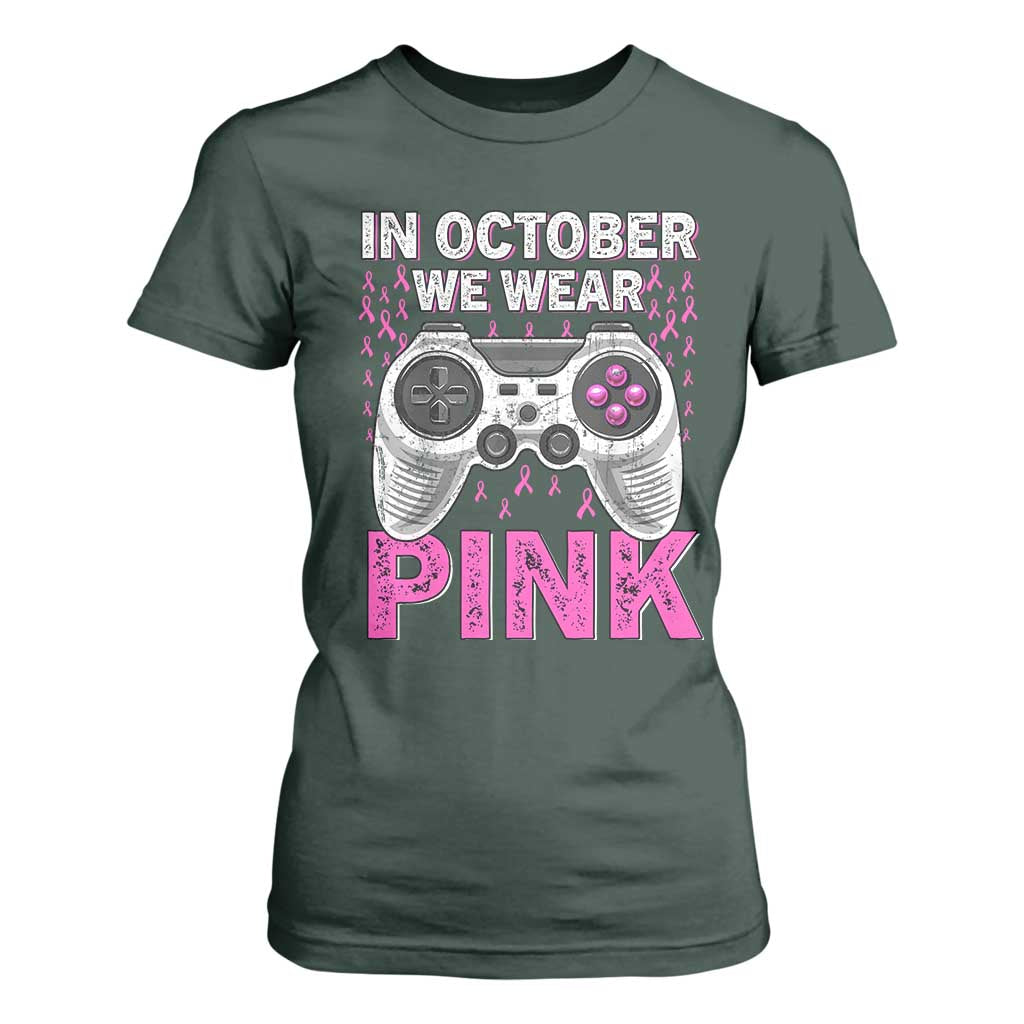 Pink Ribbon Breast Cancer Support October We Wear Pink T Shirt For Women Kids Gaming