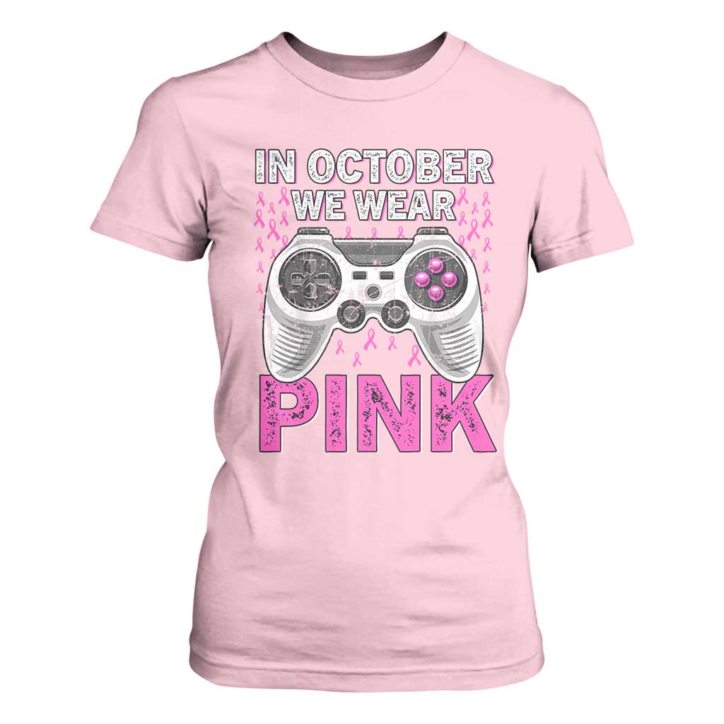 Pink Ribbon Breast Cancer Support October We Wear Pink T Shirt For Women Kids Gaming