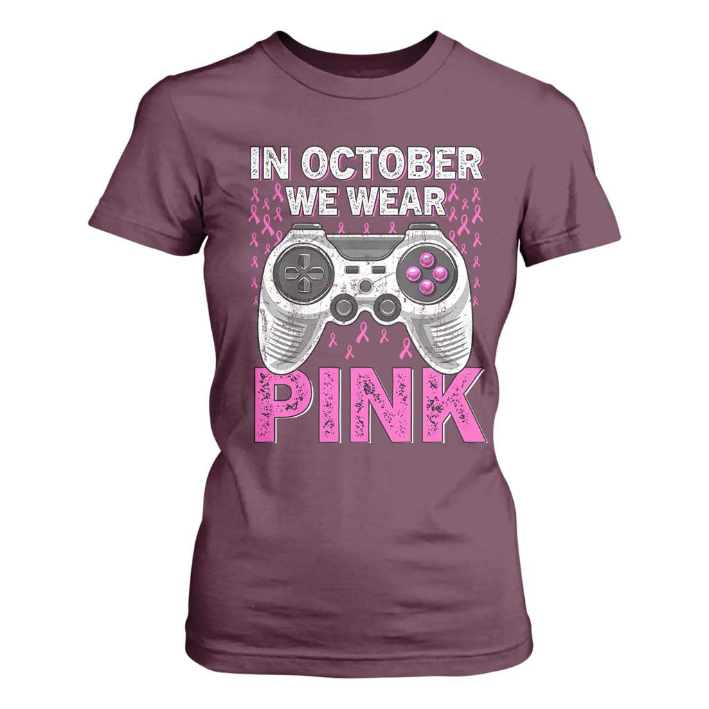 Pink Ribbon Breast Cancer Support October We Wear Pink T Shirt For Women Kids Gaming