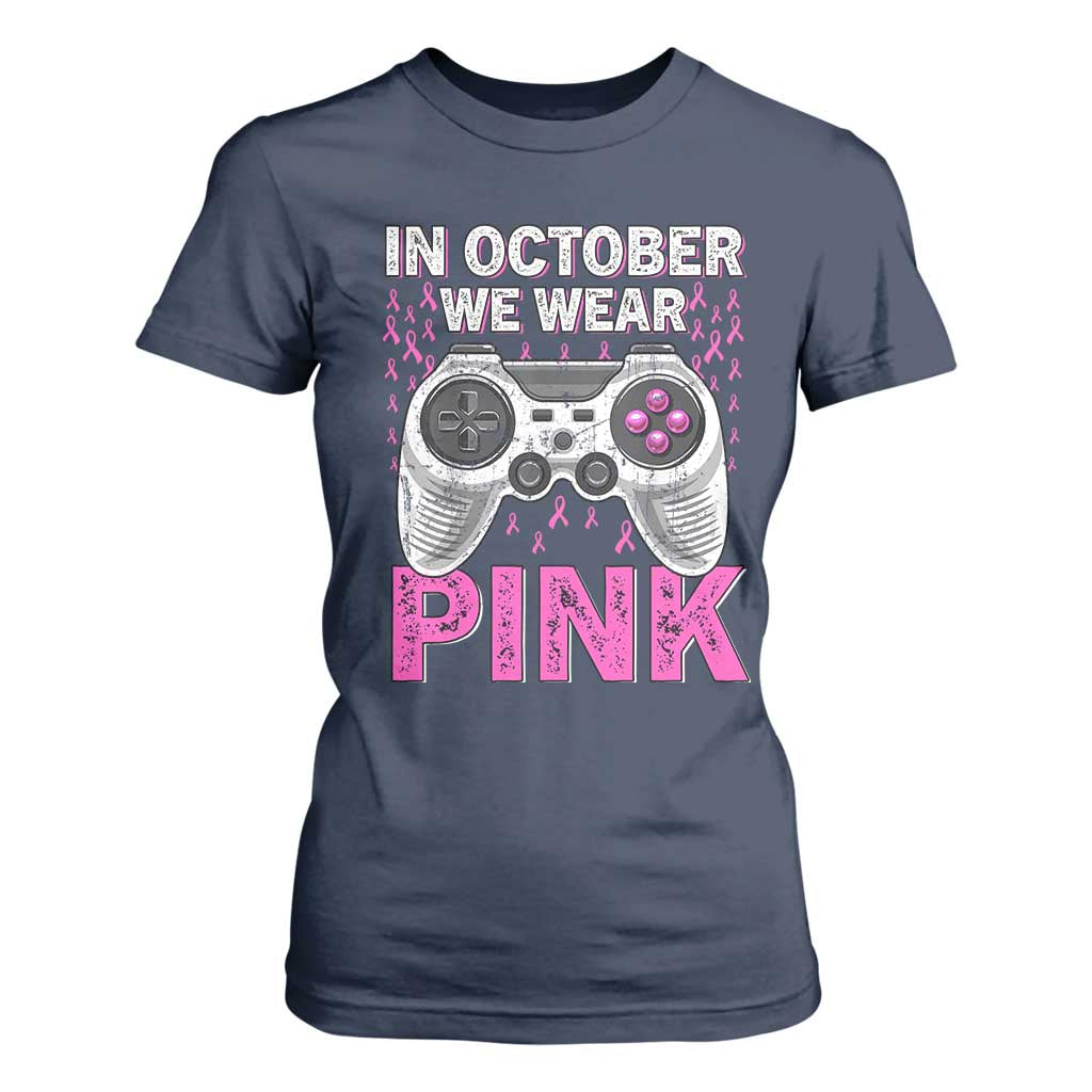 Pink Ribbon Breast Cancer Support October We Wear Pink T Shirt For Women Kids Gaming
